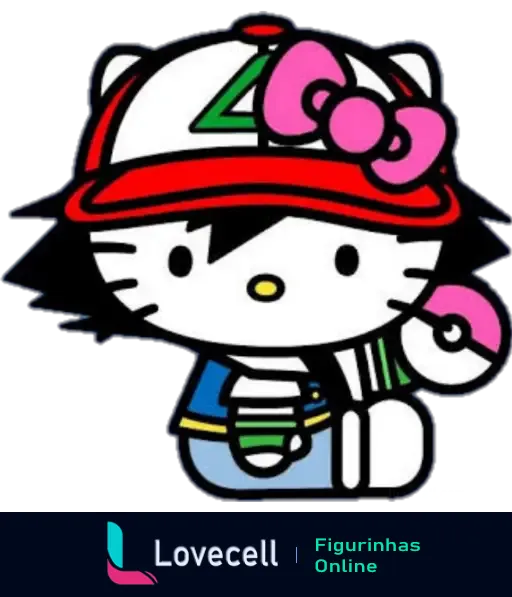 Figurinha do WhatsApp de Hello Kitty vestida como um treinador de Pokémon, usando boné vermelho com número 4 e arco rosa.