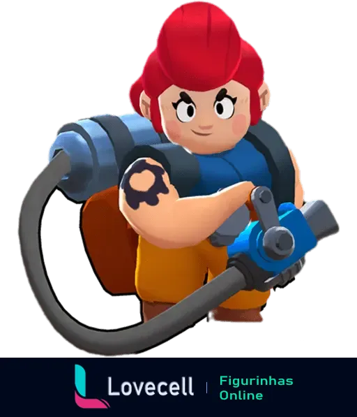 Personagem de Brawl Stars com cabelo vermelho, tatuagem no braço e equipado com uma ferramenta robusta.