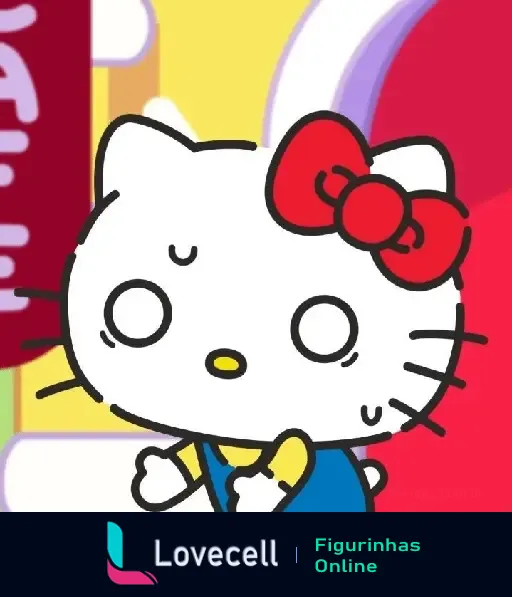 Hello Kitty usando um laço vermelho e avental azul, com expressão surpresa, fundo colorido da pasta Kuromi e Hello Kitty.