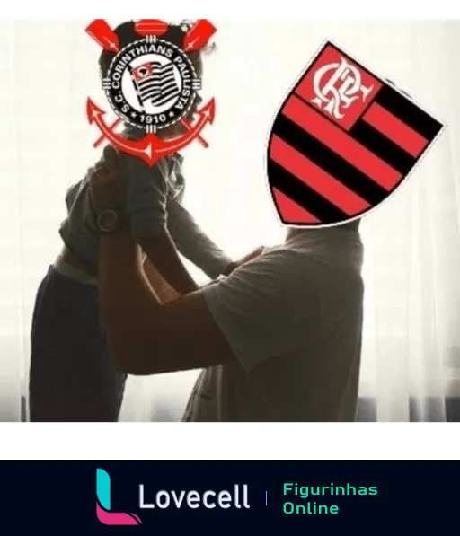 Dois indivíduos de mãos dadas com logotipos do Flamengo e do Corinthians cobrindo suas cabeças, simbolizando a união ou rivalidade entre os torcedores dos clubes.