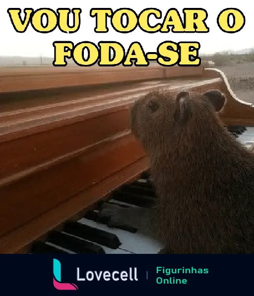 Capivara tocando piano com a frase 'Vou tocar o foda-se', destacando a irreverência e humor dessa imagem animada.