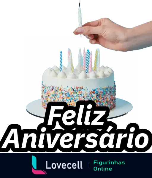 Figurinha de Feliz Aniversário com bolo e velas acesas