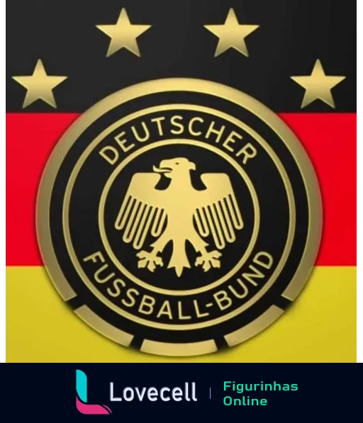 Logotipo da Federação Alemã de Futebol em fundo com as cores da bandeira da Alemanha. Texto: 'DEUTSCHER FUSSBALL-BUND' e quatro estrelas acima.