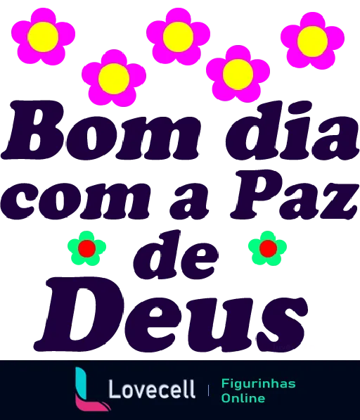 Sticker de Bom dia com a Paz de Deus, texto em letras maiúsculas lilás sobre fundo escuro, cercado por cinco flores amarelas com centro vermelho