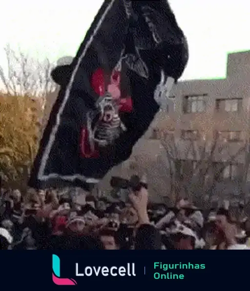 Figurinha de bandeira do Corinthians em movimento, agitada vigorosamente por torcedores ao ar livre, com emblema e inscrição 'Gaviões da Fiel', transmitindo energia e paixão