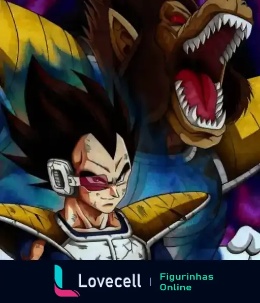 Figurinha do Super Vegeta se transformando no poderoso Oozaru, destaque da série, com um visual marcante e muita intensidade.