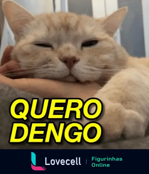 Gato fofo pedindo carinho enquanto está deitado com olhar calmo. Texto: QUERO DENGO. Perfeito para expressar desejo de carinho.