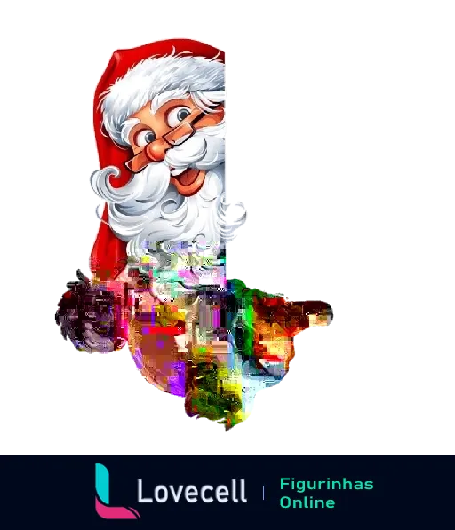 Figurinha de Papai Noel sorridente com barba branca e gorro vermelho, parte pixelada com efeito de glitch colorido