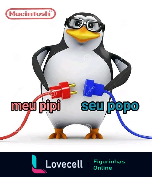 Um pinguim com óculos segurando plugues elétricos vermelho e azul, com as palavras 'meu pipi' e 'seu popo' escritas abaixo dos plugues. Humor visual.