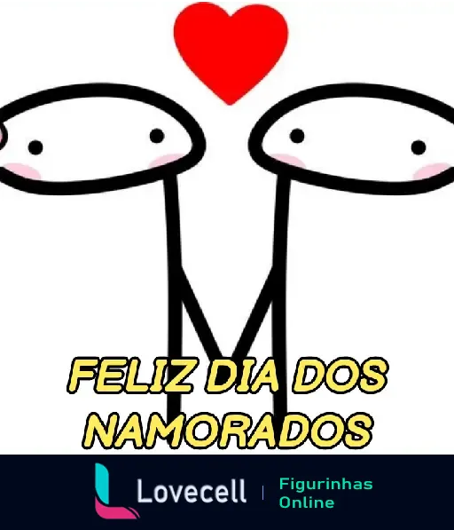 Imagem de dois personagens minimalistas se aproximando com um coração vermelho acima deles e a mensagem 'Feliz Dia dos Namorados' em amarelo abaixo.