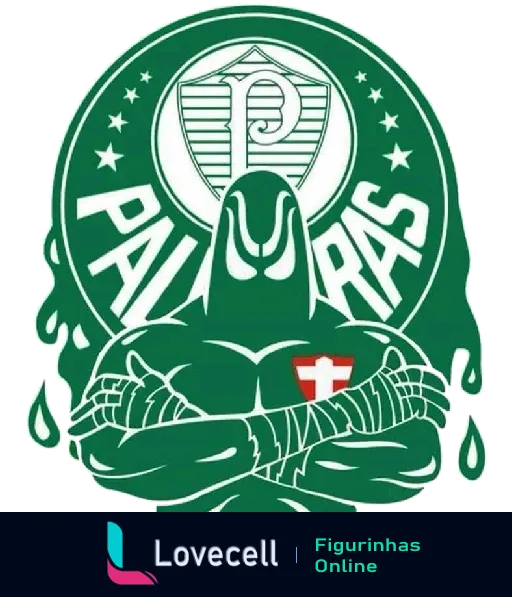 Figurinha do escudo do Palmeiras com serpente e gotas de sangue, cores verde e branco, letra P e cruz representando tradição e paixão pelo clube