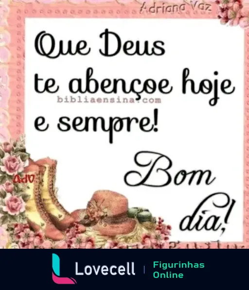 Figurinha com mensagem religiosa de bom dia. Texto: 'Que Deus te abençoe hoje e sempre! Bom dia!'. Fundo rosa com flores e detalhes de chapéus e laços.