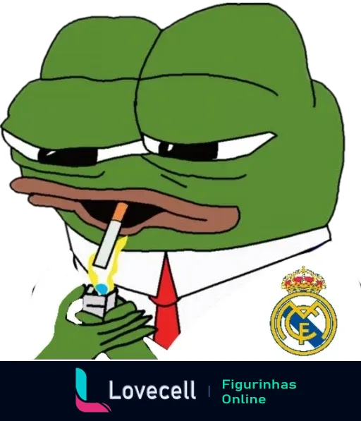 Imagem do mascote Pepe the Frog fumando, vestindo terno e gravata, com o logo do Real Madrid ao lado. Estilo humorístico.