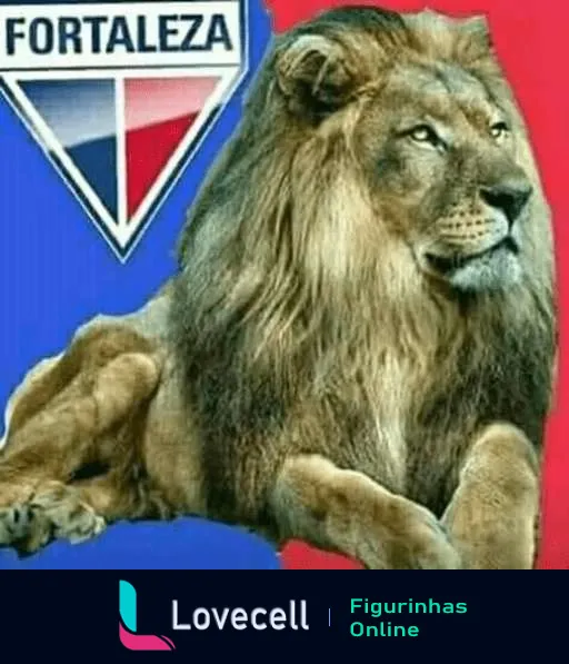 Figurinha de leão majestoso com escudo do Fortaleza Esporte Clube ao fundo, em vermelho e azul, com inscrição 'FORTALEZA'