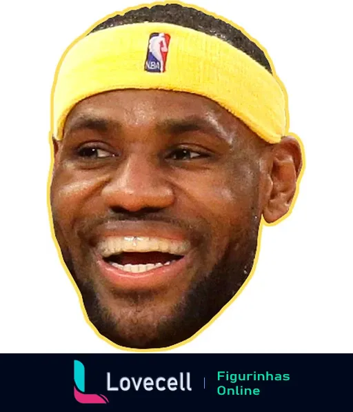 LeBron James, jogador da NBA, com uma faixa amarela na testa, sorrindo de forma calorosa e amigável. Destaque do Los Angeles Lakers.