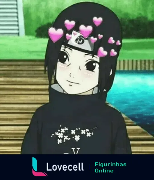 Personagem da série Naruto, usando faixa na cabeça com símbolo, cercado por corações cor de rosa, da pasta Naruto Amor.