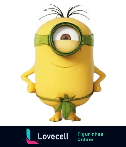 Minion amarelo usando óculos de ampliação e folha de palmeira como saia, posando de forma engraçada e confiante