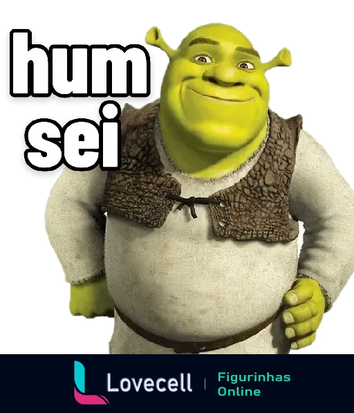 Figurinha do Shrek com a frase 'hum sei'. Shrek está com uma expressão de leve desconfiança e mãos na cintura, com fundo transparente.