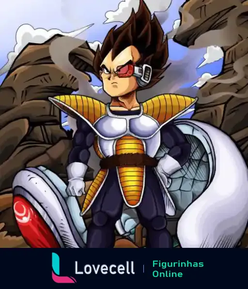 Super Vegeta em uniforme de batalha, com cabelo eriçado e visor no olho, em meio a cenário de rochas e nuvens. Personagem de Dragon Ball.