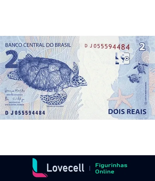 Figurinha de nota de dois reais do Banco Central do Brasil com tartaruga marinha, estrela do mar e algas