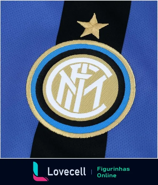 Emblema do Inter de Milão com logo azul e dourado, letras 'FCIM' estilizadas dentro de um círculo azul claro e preto, e uma estrela dourada no topo