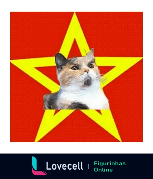 Figurinha de gato sério com pentagrama vermelho, evocando comunismo de forma humorística