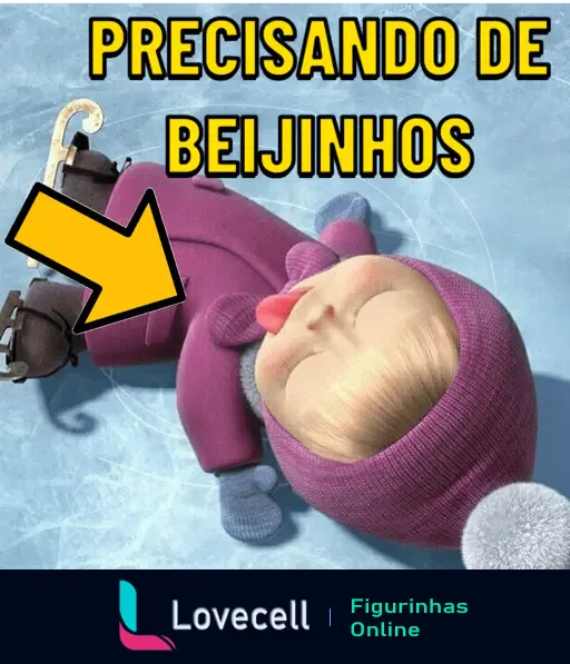 Criança animada com roupas de inverno em tom roxo claro, deitada de costas no gelo com o texto 'PRECISANDO DE BEIJINHOS' acima e uma seta apontando para ela.