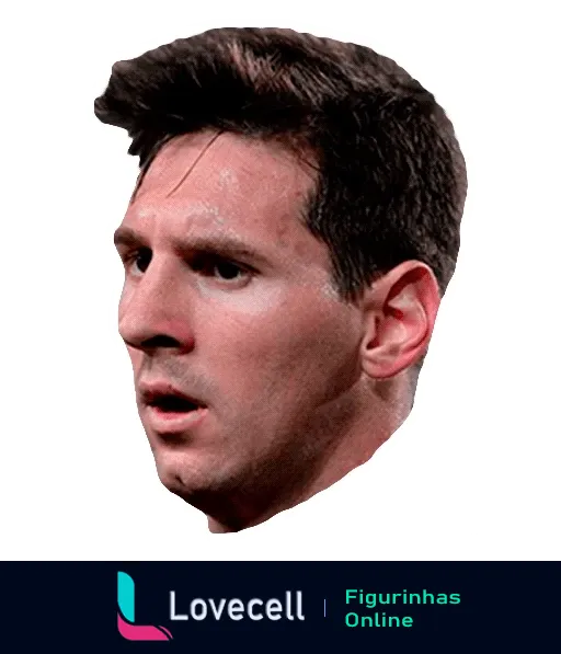 Figurinha de Messi com expressão séria, cabelo castanho desarrumado e pele clara com suor, possivelmente após atividade esportiva