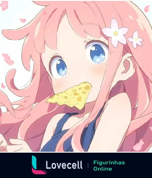 Garota de anime kawaii com cabelo rosa e olhos azuis, comendo um lanche. Flores decoram seu cabelo, trazendo um toque primaveril.