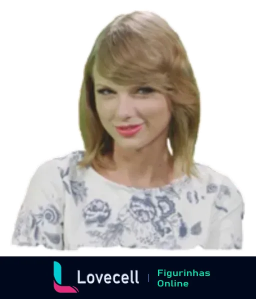 Figurinha de Taylor Swift sorrindo suavemente, com blusa branca floral e cabelo liso solto, estilo primavera