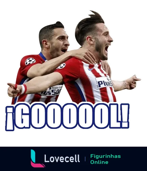 Figurinha de dois jogadores do Atlético de Madrid comemorando gol abraçados e expressando alegria, com a palavra '¡GOOOOOL!' destacada