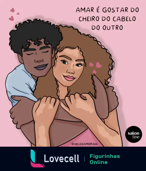 Ilustração de um casal abraçado com corações ao redor. Texto: 'Amar é gostar do cheiro do cabelo do outro'. Marca: Salon Line.