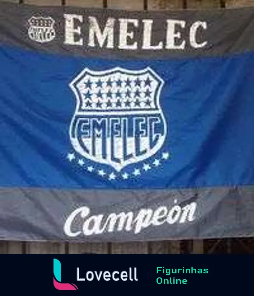 Bandeira do Clube de Futebol Emelec com escudo, estrelas de títulos e as palavras 'Emelec Campeón' em azul e cinza