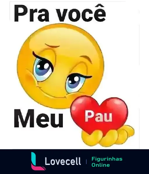 Figurinha estática com um emoticon sorridente e olhos com cílios, segurando um coração vermelho onde está escrito 'Pau'. O texto ao redor do emoticon diz 'Pra você Meu'.