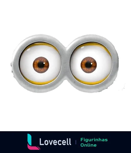 Close-up dos olhos expressivos dos Minions com óculos metálicos, íris marrom e expressão de curiosidade, do filme 'Meu Malvado Favorito'