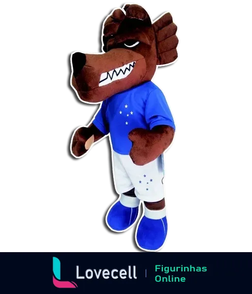 Mascote Lobo Guerreiro do Cruzeiro, vestindo uniforme azul e branco com estrelas. Ideal para torcedores do Cruzeiro no WhatsApp.