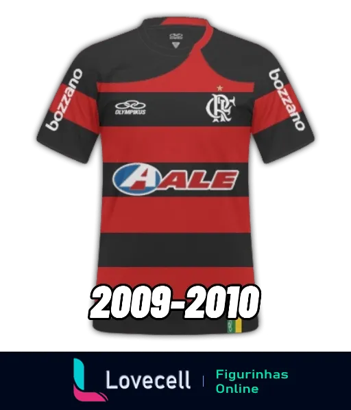 Figurinha da camisa do Flamengo 2009-2010 com listras rubro-negras e patrocínios da Olympikus, Lale, Bozzano e Ale, e escudo no lado esquerdo do peito