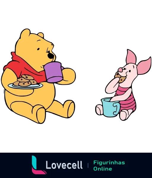 Ilustração do Ursinho Pooh e Leitão tomando chá e comendo biscoitos. Pooh usa uma camiseta vermelha e Leitão um traje rosa listrado.