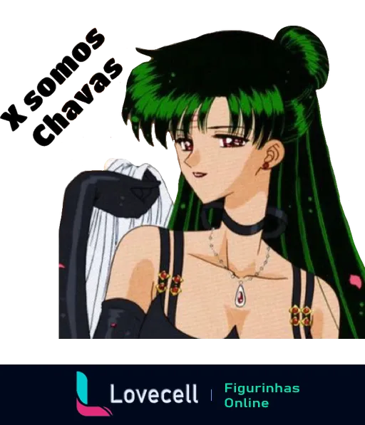 Imagem da Sailor Pluto, personagem de anime, em estilo gótico com cabelo verde e a frase 'Y somos chavas'.