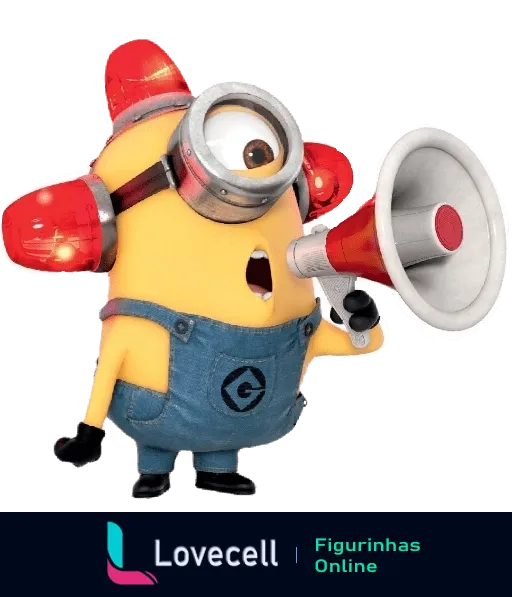 Figurinha de Minion com megafone vestindo macacão azul e luvas vermelhas anunciando algo energicamente