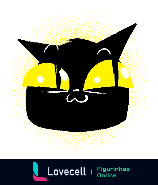 Desenho de um gato preto com grandes orelhas e olhos brilhantes, destacando-se em frente a um fundo amarelo vibrante. Expressão curiosa.