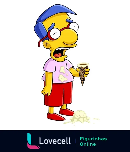 Figurinha do Milhouse Van Houten dos Simpsons, com sorvete derretido na camiseta rosa e no chão, parecendo desapontado e confuso