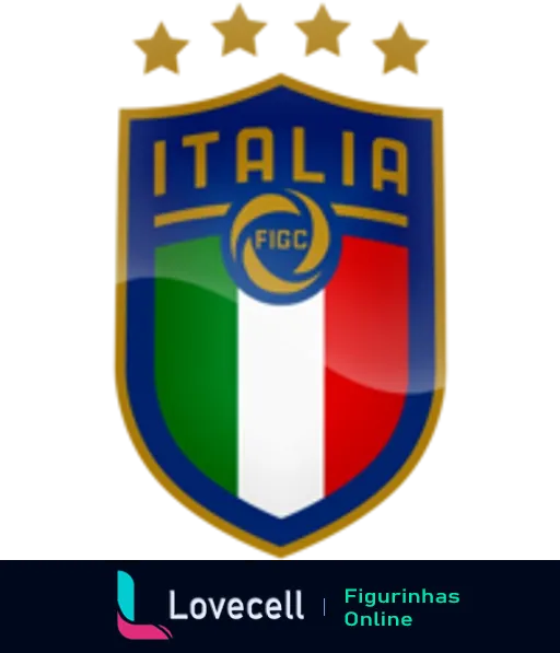 Escudo da Seleção Italiana de Futebol com as cores verde, branco e vermelho, e quatro estrelas douradas representando vitórias em Copas do Mundo