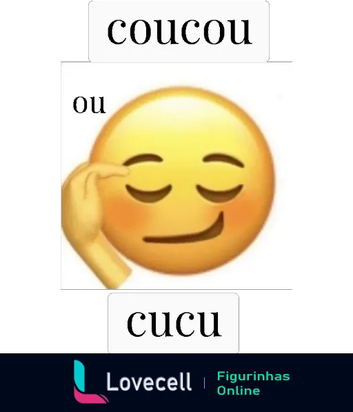 Figurinha com emoji sorrindo e mão no rosto com texto 'Coucou ou cucu', indicando cumprimento informal ou brincadeira