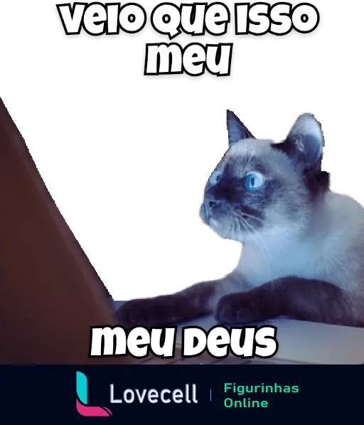 Figurinha de gato branco com manchas escuras e expressão surpresa, olhando para o lado, com frases 'vejo que isso meu' e 'meu Deus' acima e abaixo