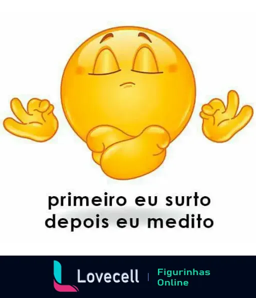 Emoji sorridente meditando em pose de calma com o texto: 'primeiro eu surto depois eu medito', refletindo emoções e expressões.