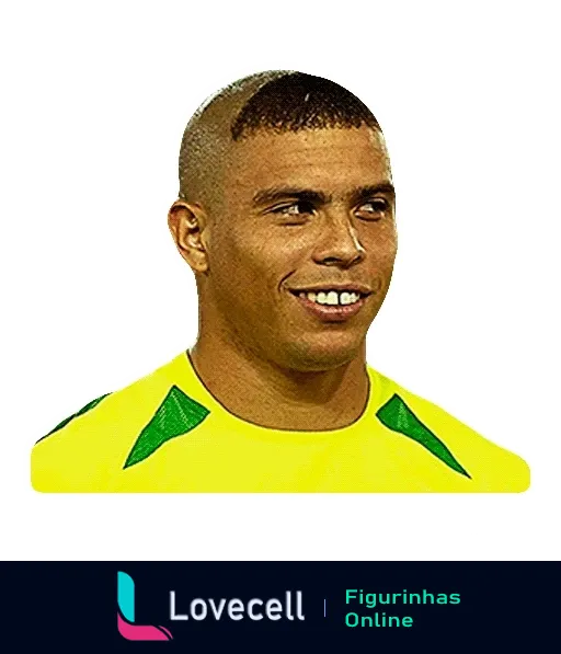 Figurinha do Ronaldo Fenômeno sorrindo, vestido com a camisa da seleção brasileira, celebrado como um dos maiores atacantes do futebol