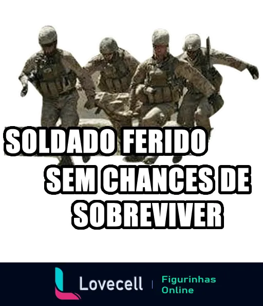 Três soldados camuflados carregam um companheiro ferido em um ambiente de zona de guerra, expressando um tom dramático de 'Sem chances de sobreviver'