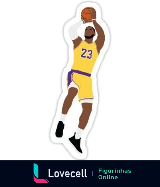 Sticker de Lebron James usando o uniforme amarelo e roxo número 23, saltando com uma jogada de basquete.