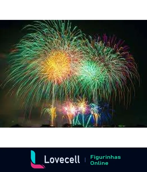 Figurinha de espetáculo de fogos de artifício no céu noturno, com cores vibrantes como verde, amarelo e azul, evocando alegria e admiração.